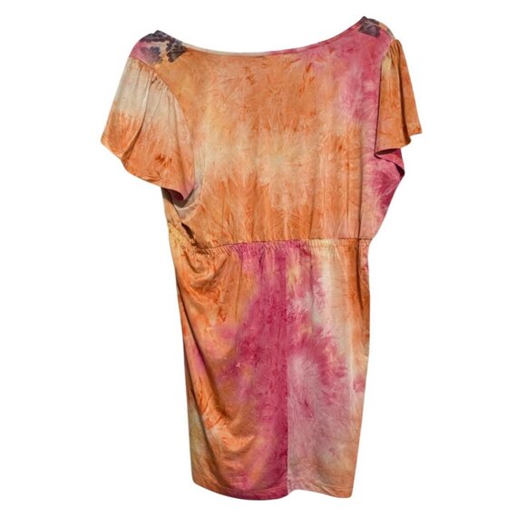 One World Womens Rainbow Tie-Dye Short Sleeve Blouse Boho Paisley Print Size L - Picture 2 of 6